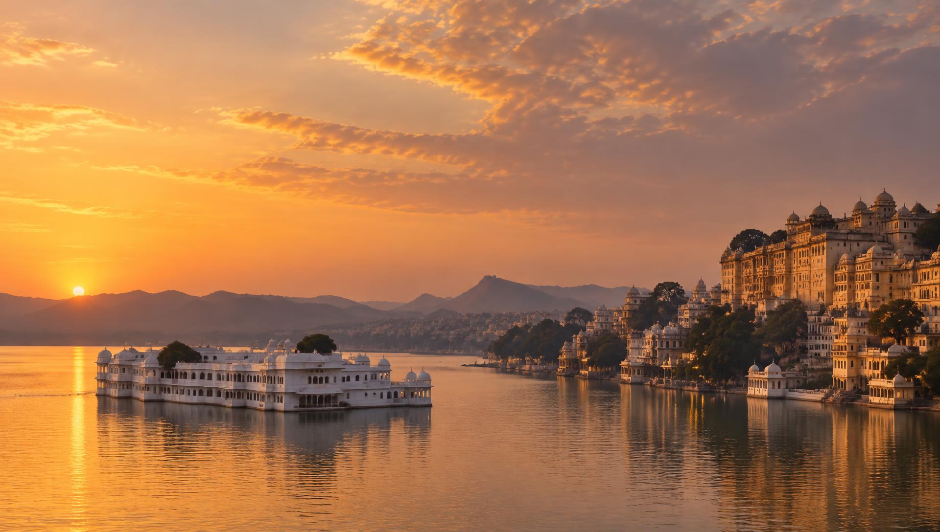 The white Lake Palace and old city of Udaipur reflected in Lake Pichola at sunset